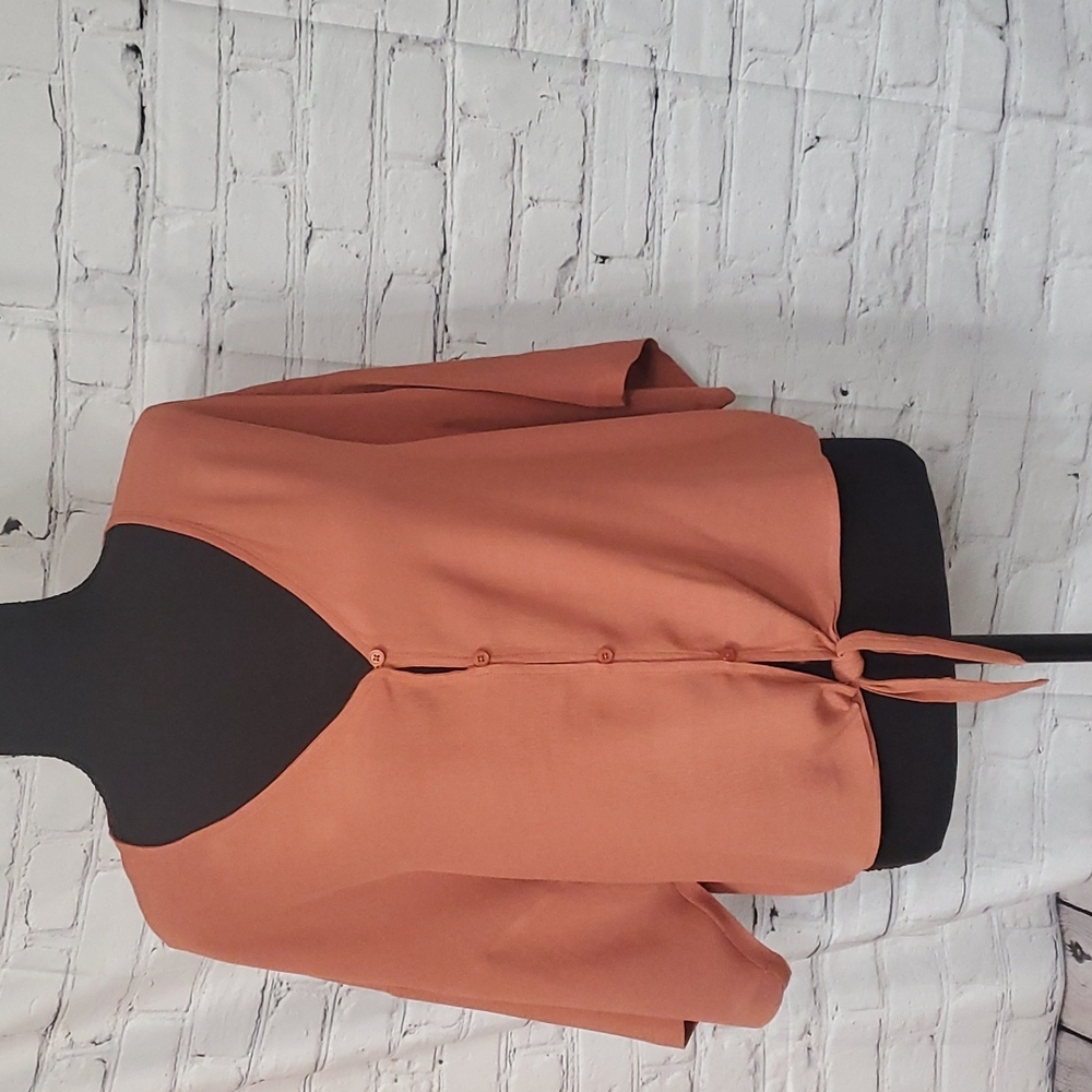 Rust- colored, quarter length sleeved blouse, button up V- neck front, size M